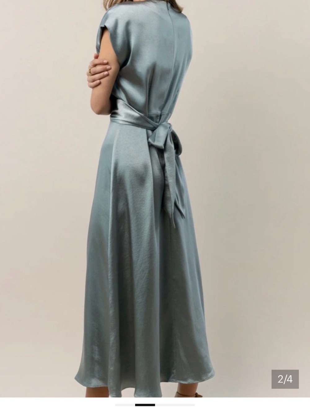 bohme Satin Wrap-Style Midi Dress in Dusty Blue - Picture 2 of 7